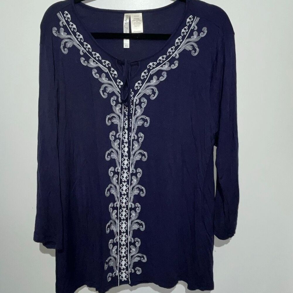 Simply Irresistible Women's‎ Blue Embroidered Vines Keyhole Tie Neck Blouse XL